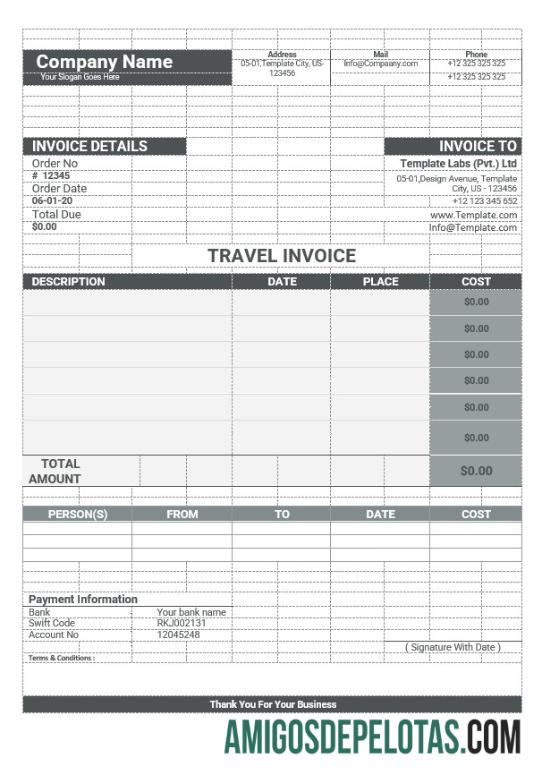 em branco Exemplo de modelo de fatura de viagem